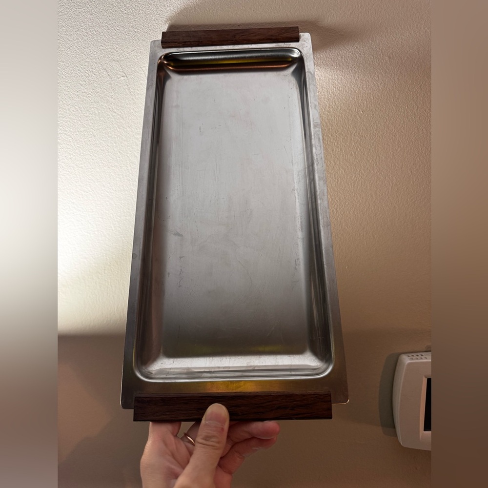 Vintage Denmark Stelton wood handle stainless steel tray